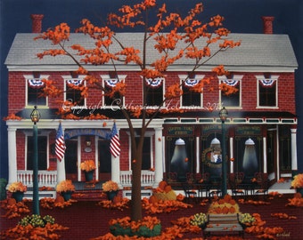 Folk Art Print Autumn at the Village Inn