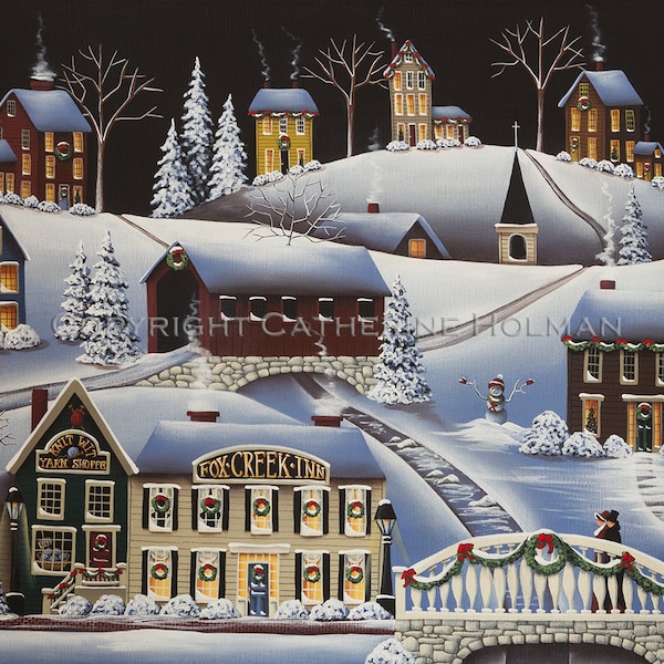 Folk Art Print Christmas in Fox Creek Village