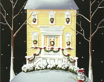 Folk Art Print Yuletide Cottage