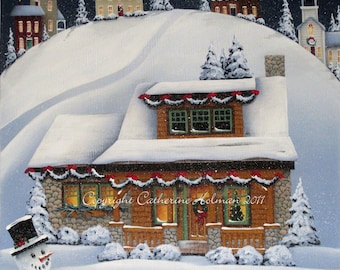 Christmas Folk Art Print Mistletoe Cottage