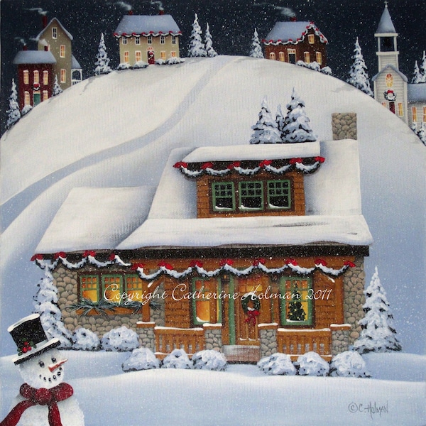 Christmas Folk Art Print Mistletoe Cottage