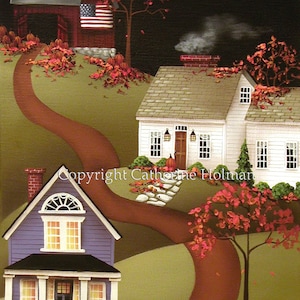 May include: A painting of a country scene with a red barn, a white house, and a blue house. The houses have pumpkins on their porches and there is a winding path leading to them. The trees are red and orange, and the sky is dark blue. The painting is titled "Copyright Catherine Holman".