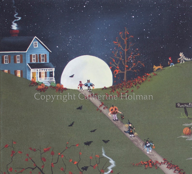 A Star Filled Halloween Evening Original Painting by folk artist Catherine Holman image 4
