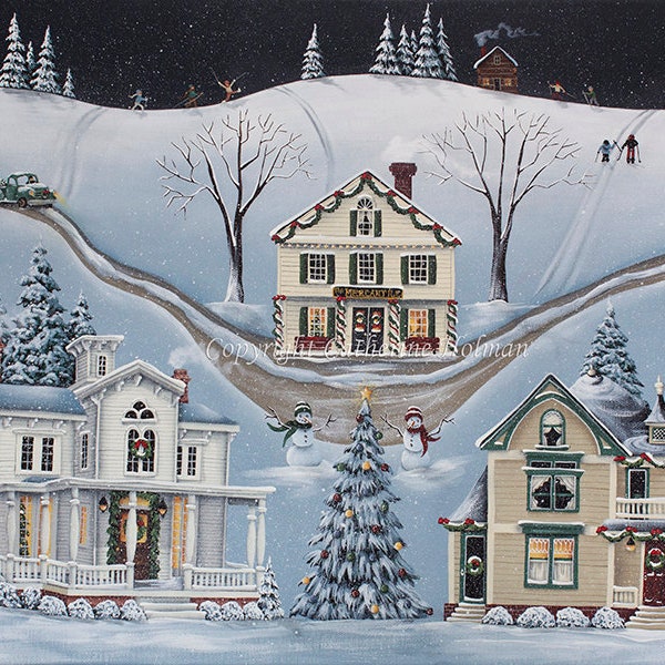 Lámina de arte popular navideño Pueblo de copos de nieve