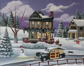 Christmas Folk Art Print Home For The Holidays / Victorian House, Snowman, Woodie