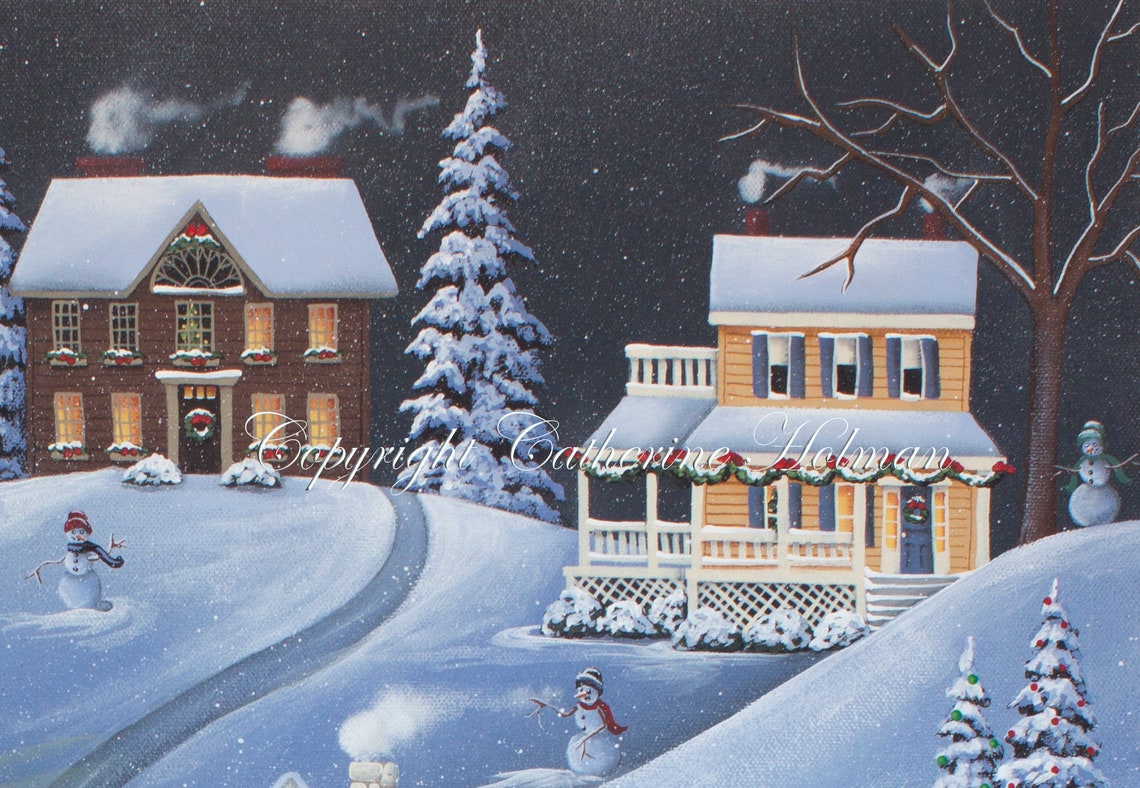 Christmas Folk Art Print Village of Winterset - Etsy
