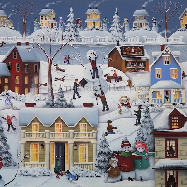 Folk Art Print Chimney Smoke and Cheery Snow Folk