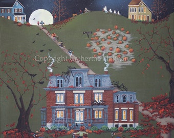 A Star Filled Halloween Evening Folk Art Print by Catherine Holman