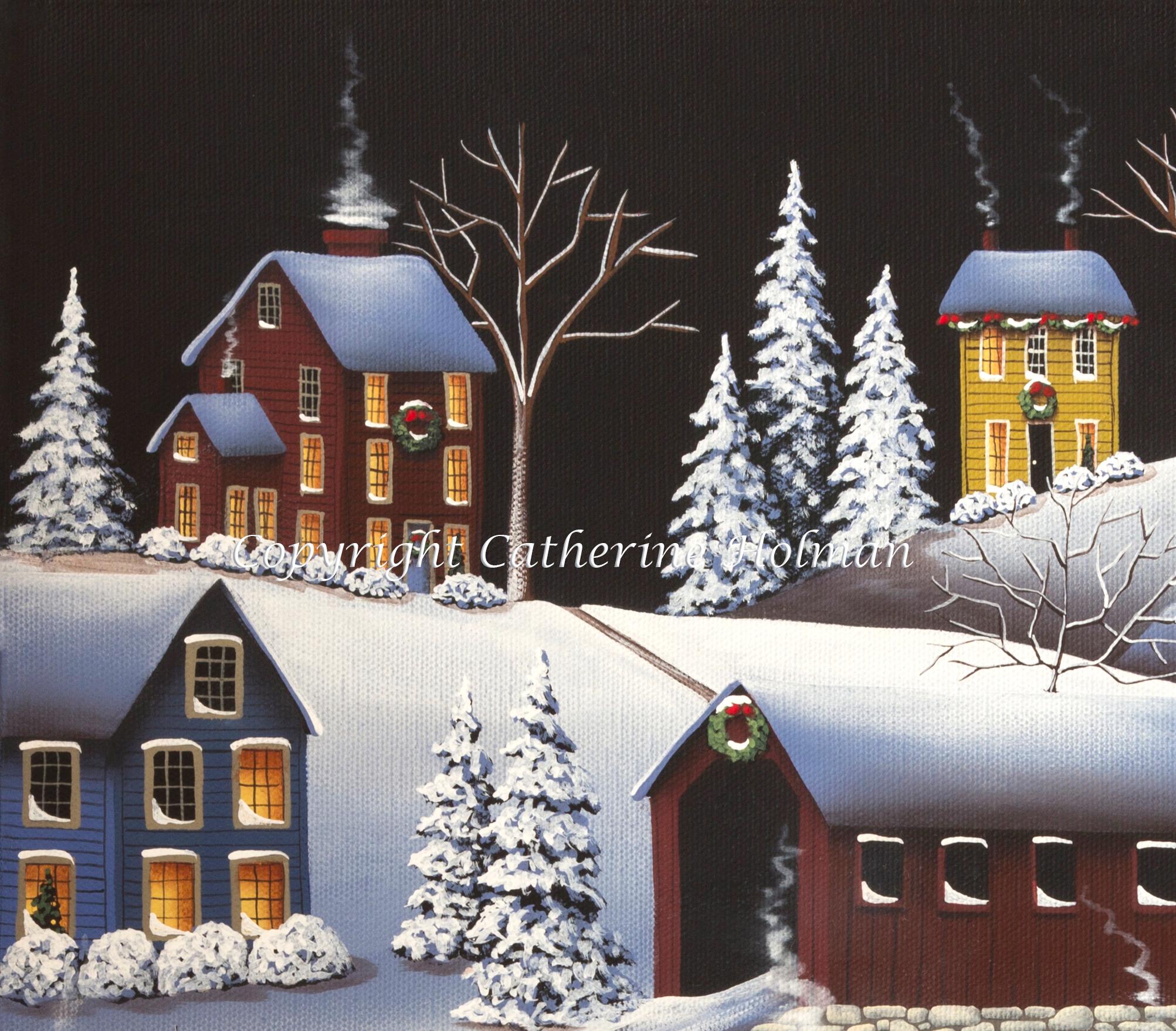 Folk Art Print Christmas in Fox Creek Village - Etsy