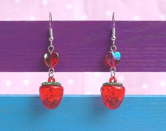 Red Strawberry Red Heart Drop Dangle Clip On Earrings