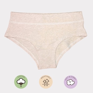 May include: A pair of light gray cotton underwear with a white trim. The underwear is breathable and soft.