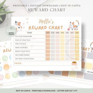 May include: A printable reward chart with a cat theme. The chart includes spaces for tasks like homework and brushing teeth, with a section for prizes. The text reads "Millie's Reward Chart" and "Edit in Canva". The chart is letter size 8.5" x 11".