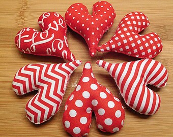 6 Handmade Primitive Hearts - Red & White Valentine Bowl Fillers, Holiday Ornaments, Wreath Additions