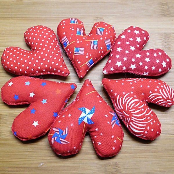 Patriotic Fabric Heart Ornaments: Handmade July 4th Decor, Set of 6