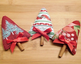 Christmas Tree Ornaments, Green and Red, Handmade Bowl Fillers, Primitive Trees, Holiday Decorations, Wreath Attachments