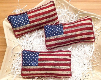 Primitive Patriotic Americana Flag Pillow Tucks, Set of 3, Handmade July 4th Bowl Fillers, Gift Under 20