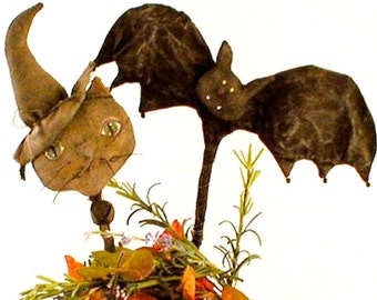 Primitive Halloween Cat and Bat / Spooky Plant Stakes / Craft Pattern / PDF / Instant Download