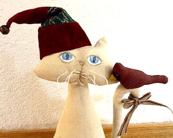 Cat and Bird Sewing Pattern / Primitive Cardinal / Pdf Pattern / Instant Download