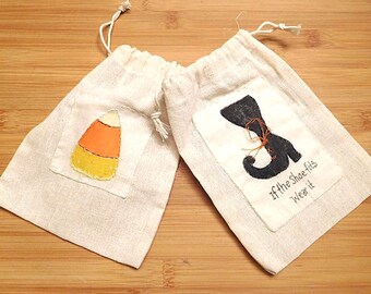 candy pouch favor bag gift bag 10 3x5 party bag 4x6 or 5x7 Halloween Skeleton Black Crow muslin cotton drawstring bags pouches