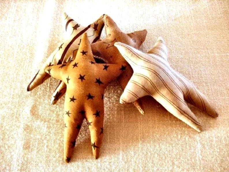 This is a pattern to make an item and not a finished item.
This is the digital E Pattern for easy 6 1/2-inch bowl filler primitive star ornaments. One of the points on the star is longer than the other.