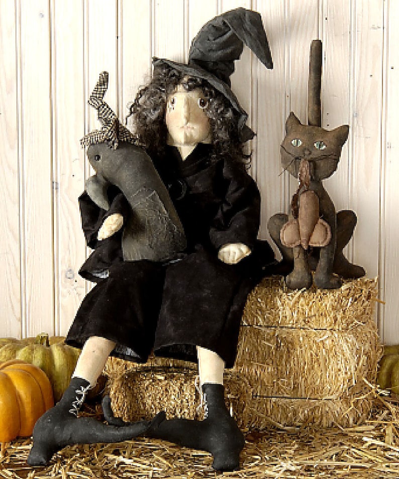 Halloween Witch and Crow Doll / Pinchlips Patootie Sewing Pattern / Primitive PDF / Instant Download image 5