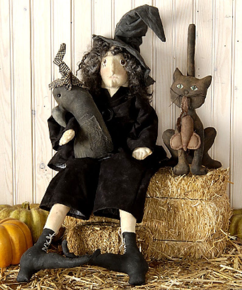 Halloween Witch and Crow Doll / Pinchlips Patootie Sewing Pattern / Primitive PDF / Instant Download image 1