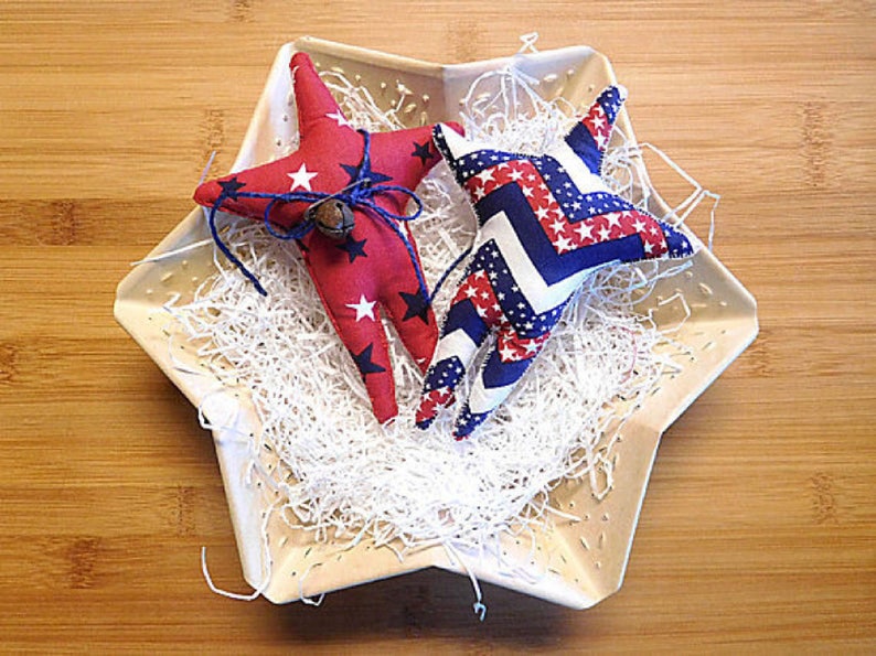 This is a pattern to make an item and not a finished item.
This is the digital E Pattern for easy 6 1/2-inch bowl filler primitive star ornaments. One of the points on the star is longer than the other.