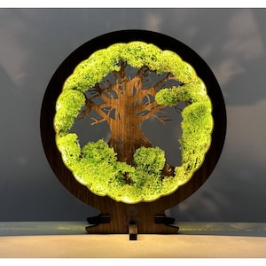 Tischlampe aus Naturholz - originelle LED-USB-Lampe - moderne und kleine Lampe - Thema Baum- und Mooslampe - originelles personalisiertes Geschenk