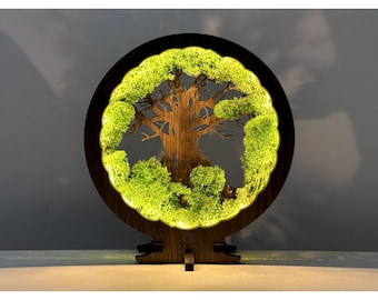 Lampada da tavolo in legno naturale - lampada usb led originale - lampada moderna e piccola - lampada a tema albero e muschio - regalo originale personalizzato