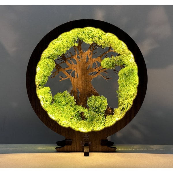 Lámpara de mesa de madera natural - lámpara usb led original - lámpara moderna y pequeña - lámpara temática de árbol y musgo - regalo personalizado original