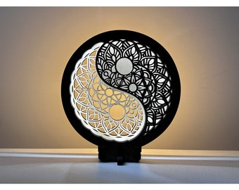 Lámpara usb led original - lámpara de mesa de madera natural - lámpara moderna y pequeña - lámpara temática yin y yang - regalo personalizado original