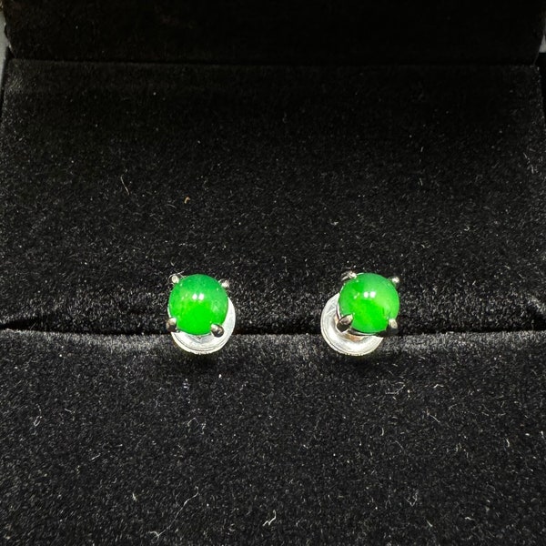 Translucent green, grade A, Jadeite. Ear studs set in sterling silver. Classy and timeless fine jewelry with lush, green shine. Earrings