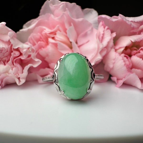 Apple green natural Burma jadeite ring, sterling silver, adjustable band, jadeite jade, type A all natural, gift for her, summer jewelry