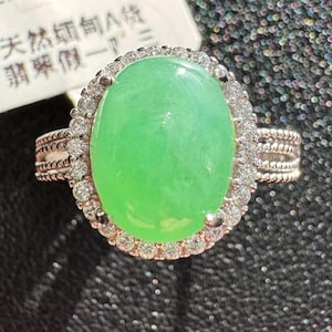 Icy apple green jadeite Jade silver ring, Translucent, natural Grade A Certified Burma Jade, silver adjustable band, vivid green jade silver