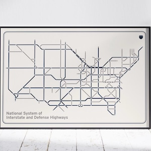 Vintage poster Amerikaanse snelwegenkaart | Minimalistisch kunstwerk in metrostijl | Retro kunst aan de muur met wegenkaart | Klassiek Amerikaans transportontwerp