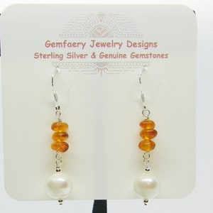 Sterling Silver Natural BALTIC AMBER & Cultured Pearl Dangle Earrings...Handmade USA