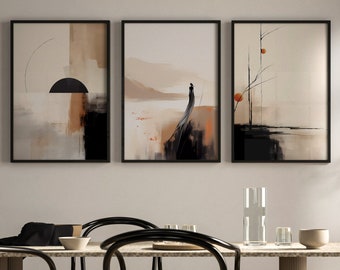 Könnte beinhalten: Drei gerahmte abstrakte Gemälde mit schwarzen Rahmen. Die Gemälde sind im minimalistischen Stil mit gedeckten Farben und geometrischen Formen gehalten. Die Gemälde hängen an einer weißen Wand über einem Holztisch mit schwarzen Stühlen.
