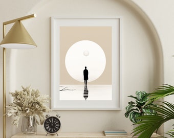May include: A minimalist black and white print of a person standing in front of a large circle, with a smaller circle inside. The background is a light beige color.