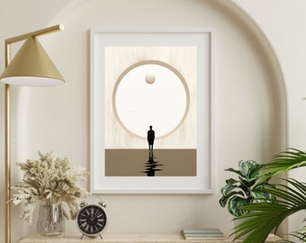 May include: A minimalist art print featuring a silhouette of a person standing in front of a large, circular opening. The background is a light beige color with a subtle texture. The opening is framed by a darker beige circle, and the person is silhouetted against a white background.