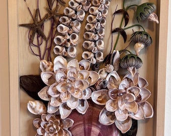 Framed shell flower arrangement with three large Atlantic slipper shell flowers