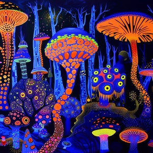 Puede incluir: Una ilustración psicodélica de un bosque lleno de setas brillantes en varios colores, incluyendo naranja, rosa, azul y verde. Las setas tienen patrones y texturas intrincadas, creando una escena surrealista y fantástica.