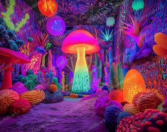 May include: A vibrant, psychedelic art installation featuring glowing mushrooms, coral, and other fantastical elements in shades of pink, orange, green, and purple. The scene is illuminated with neon lights, creating a surreal atmosphere.