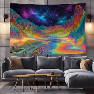 May include: A vibrant tapestry depicting a colorful landscape with mountains and a starry night sky. The artwork features a spectrum of colors, including blues, purples, yellows, and oranges, creating a psychedelic effect. The tapestry is displayed on a wall above a gray sofa.