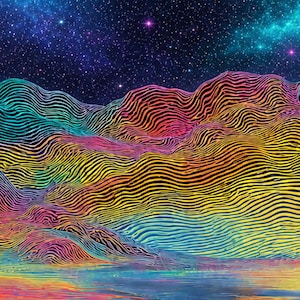 May include: Abstract digital art depicting a colorful landscape with wavy lines in shades of yellow, orange, pink, and blue. The background features a starry night sky with purple and blue hues, creating a vibrant and surreal scene.