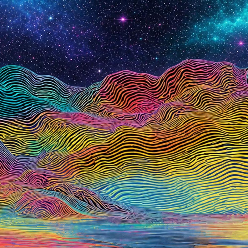 May include: Abstract digital art depicting a colorful landscape with wavy lines in shades of yellow, orange, pink, and blue. The background features a starry night sky with purple and blue hues, creating a vibrant and surreal scene.