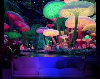May include: A vibrant tapestry featuring a fantastical mushroom forest scene. The artwork showcases large, glowing mushrooms in shades of green, pink, and yellow, with a starry night sky backdrop. A white sofa sits below the tapestry.