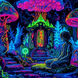 神秘的な地下の地下室の壁タペストリー、ブラックライトキノコの装飾背景、リビングルーム用の不気味なハロウィーンの壁掛け装飾
