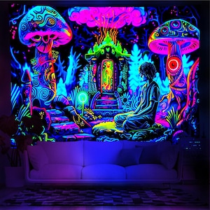 May include: A psychedelic tapestry featuring a glowing, colourful scene with mushrooms, a temple, and a meditating figure. The tapestry is blacklight reactive and glows brightly under UV light.
