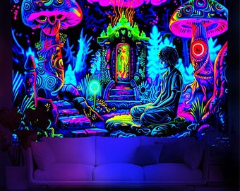 Mysterious Underground Crypt Wall Tapestry, Black Light Mushroom Decor Backdrop, Spooky Halloween Wall Hanging Decor for Living Room