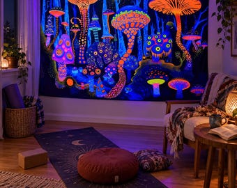 Tapiz de hongos psicodélicos, arte mural de bosque de hongos neón coloridos, decoración de habitación reactiva a luz negra UV